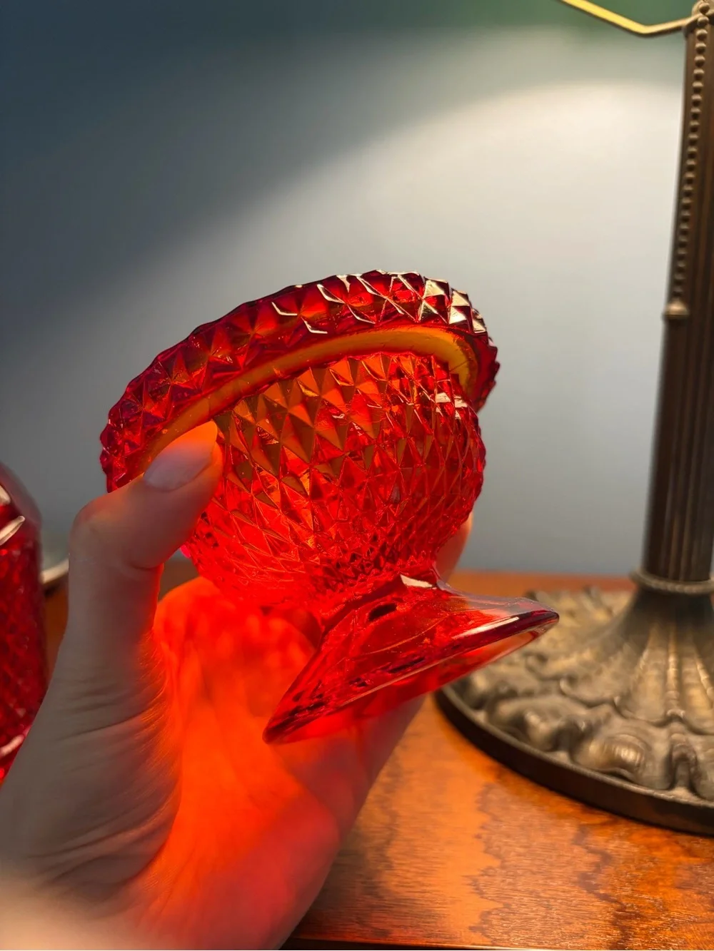 Vintage Viking Glass Ruby Red Diamond Point Glimmer Fairy Lamp MCM Cadmium Glow
